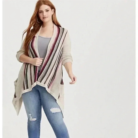 torrid Sweaters - Torrid Women 0X Waterfall Striped Sweater Beige Cotton Rayon 3/4 Sleeve Boho